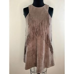 NEW J.O.A. Los Angeles Tan Sleeveless Faux Suede Fringe Mini Shift Dress Size M